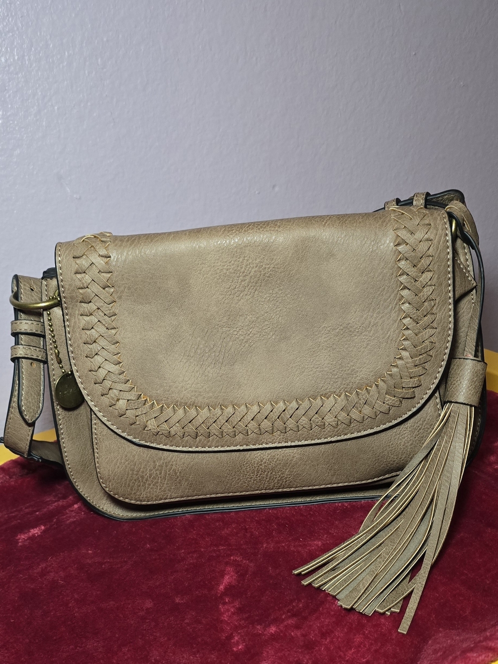 Woven Detail Taupe Shoulder Bag with Tassel
